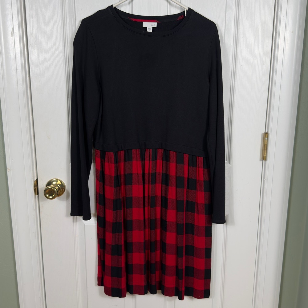 J. Jill Plaid Skirt Dress Women Small Black Red Buffalo Check Pocket Mixed Media - Picture 2 of 13
